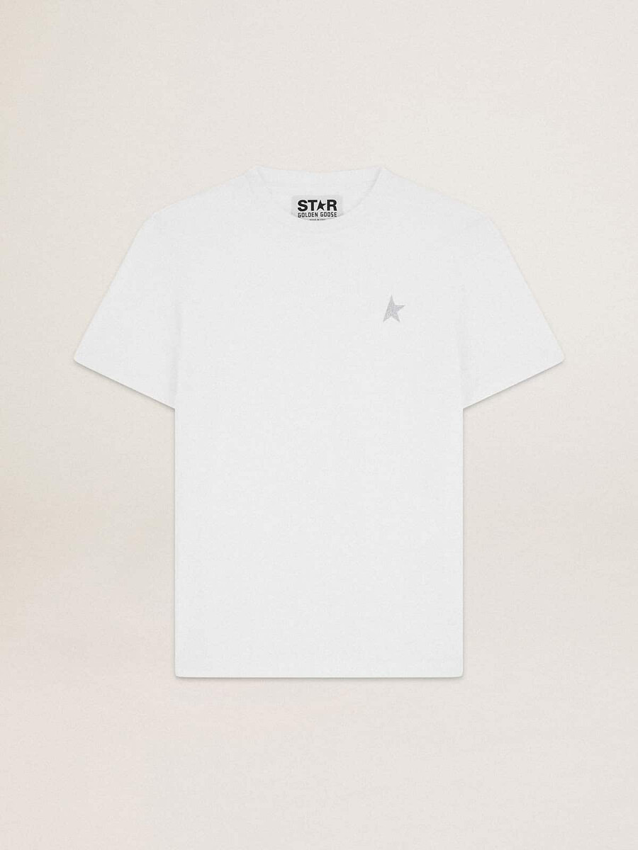 wit heren-t-shirt met zilveren glitterster op de voorkant
