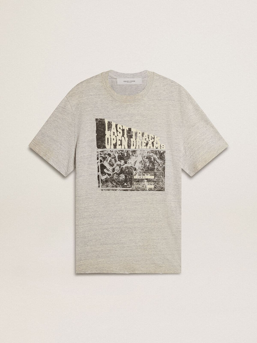 grijs t-shirt voor heren met vintage-look en print op de voorkant.