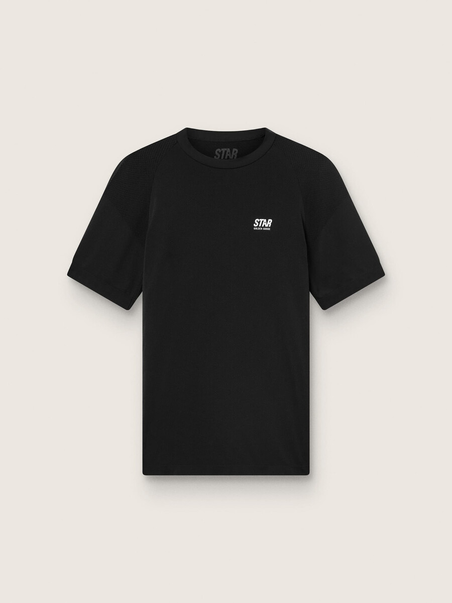 zwart sport-t-shirt voor heren met print op de achterkant.