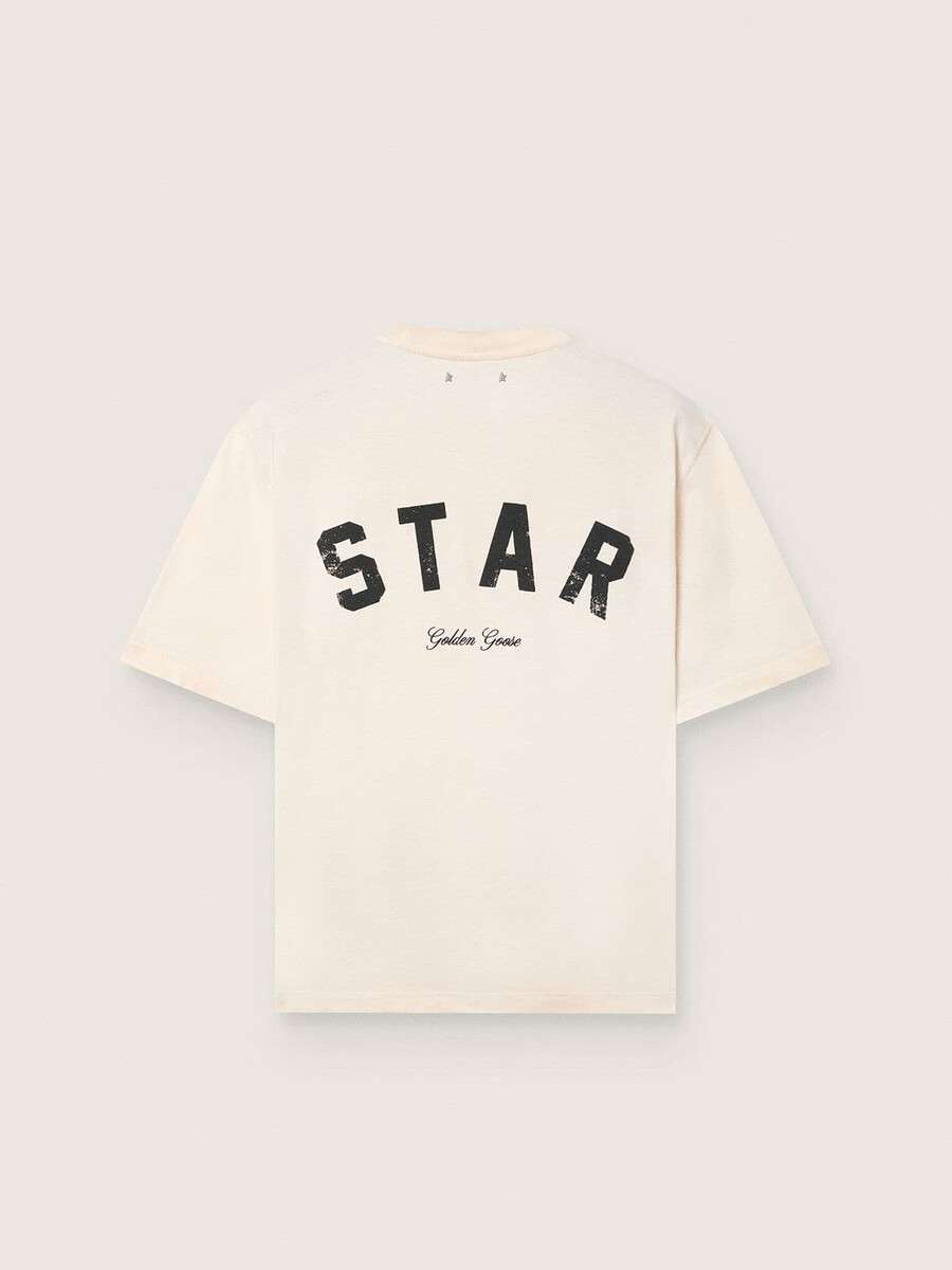 unisex katoenen t-shirt met sterrenprint in vintage wit met zwarte opdruk op de achterkant.