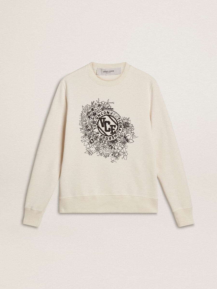 dames sweatshirt van verwassen wit katoen met borduurwerk