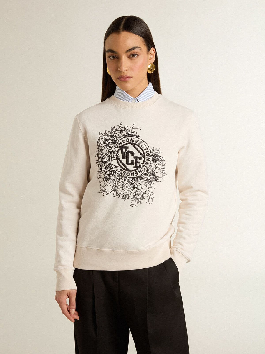 dames sweatshirt van verwassen wit katoen met borduurwerk