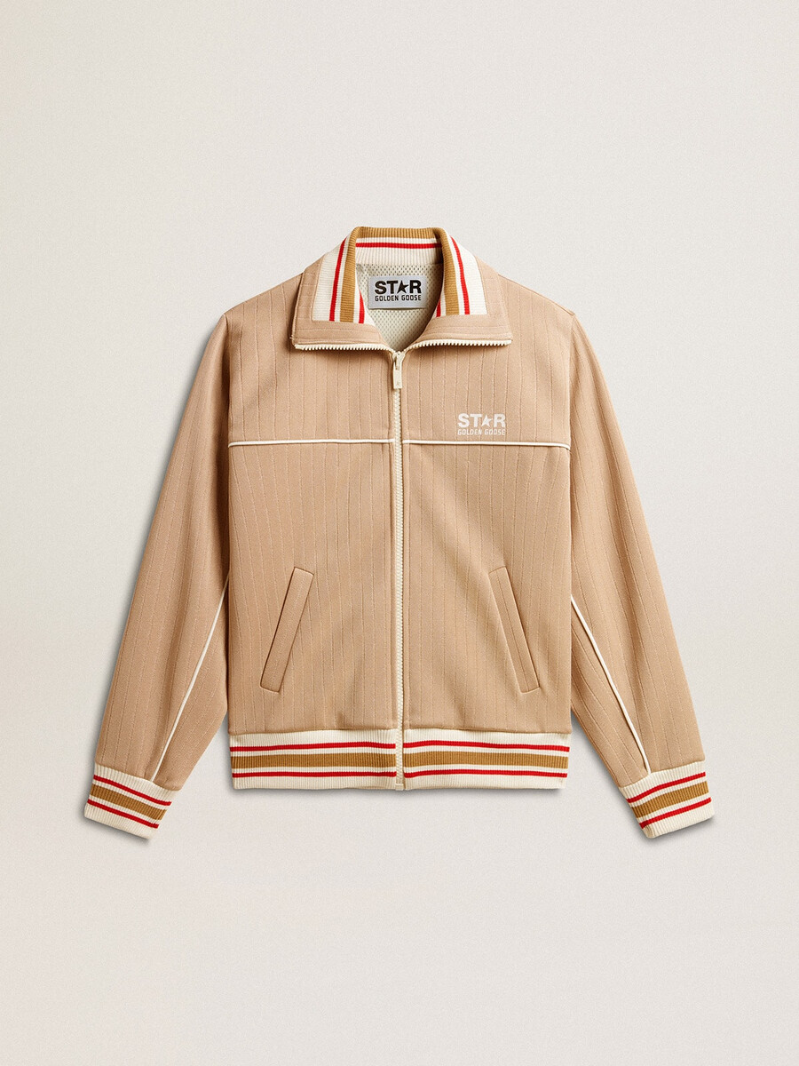 dames sweatshirt met rits in lichtbeige met wit logo