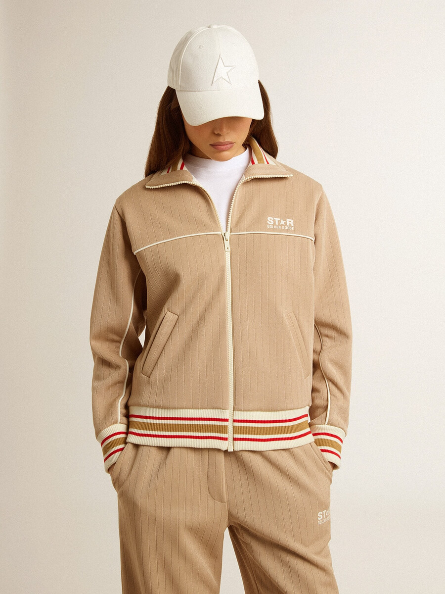 dames sweatshirt met rits in lichtbeige met wit logo