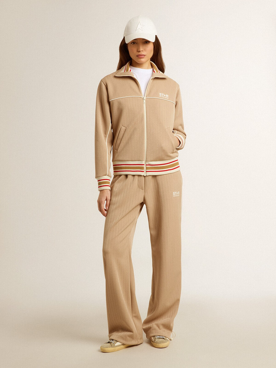 dames sweatshirt met rits in lichtbeige met wit logo