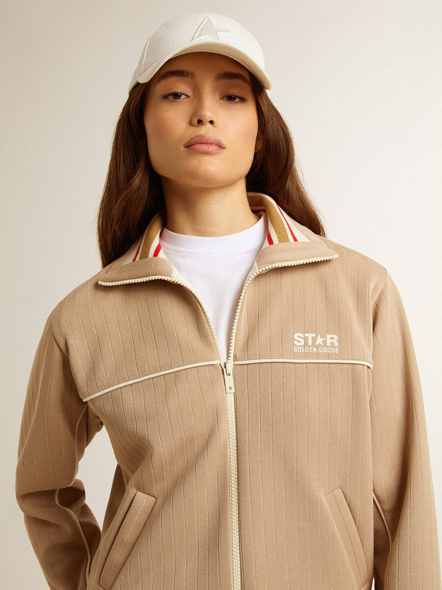 dames sweatshirt met rits in lichtbeige met wit logo