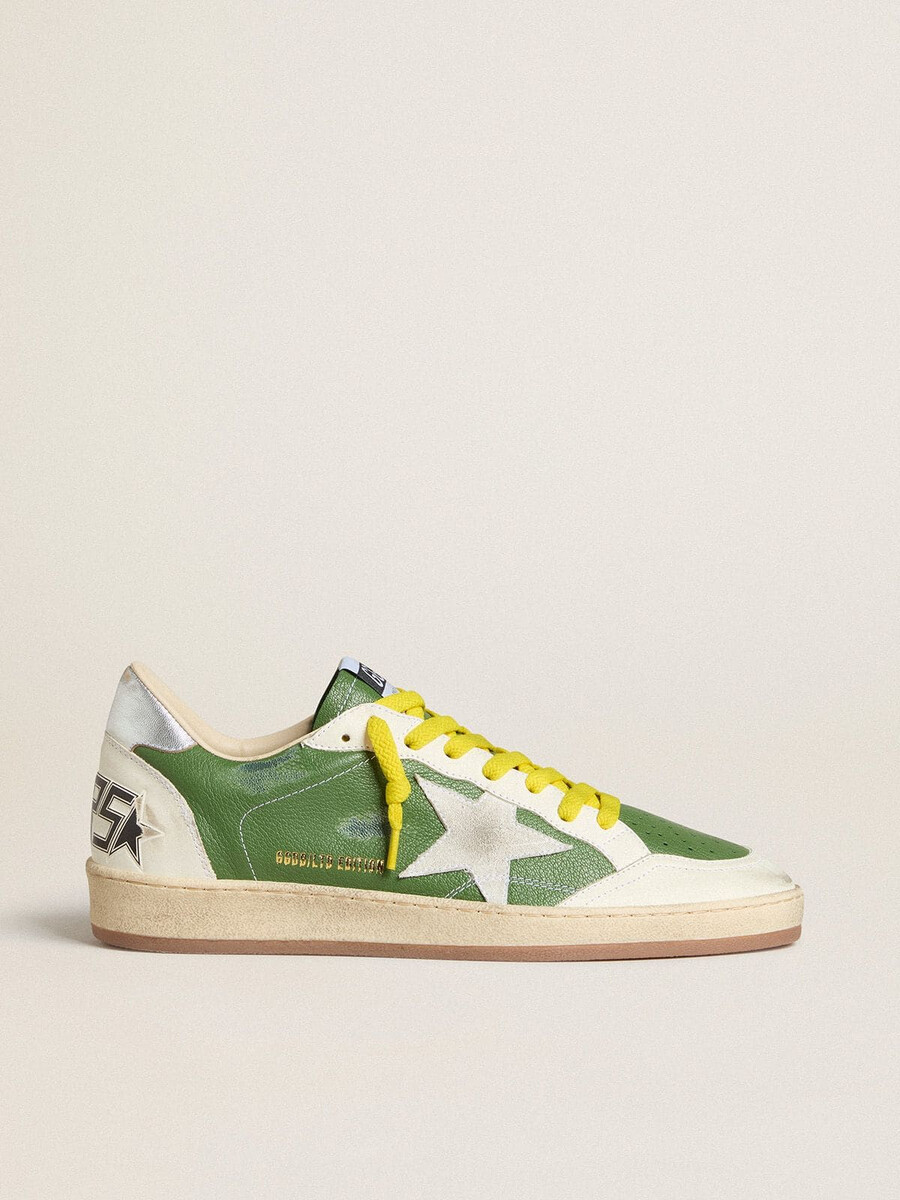 ball star ltd in groen nappaleer met witte suède ster en metallic zilverkleurige leren hielstuk.