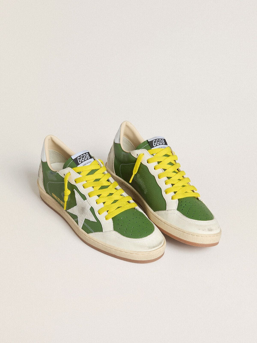 ball star ltd in groen nappaleer met witte suède ster en metallic zilverkleurige leren hielstuk.