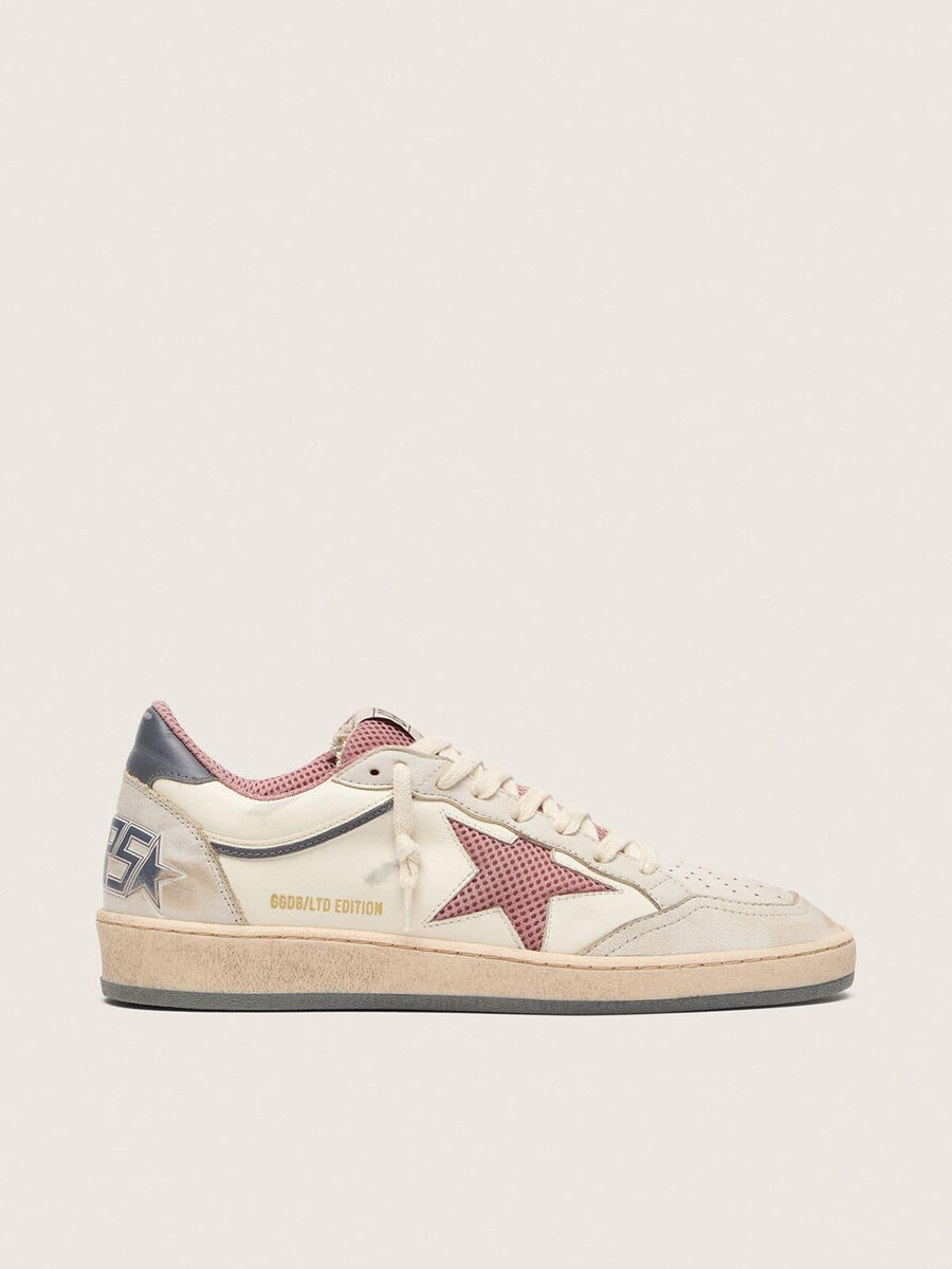 dames ball star ltd in beige leer met roze mesh ster en blauwe leren hielband.