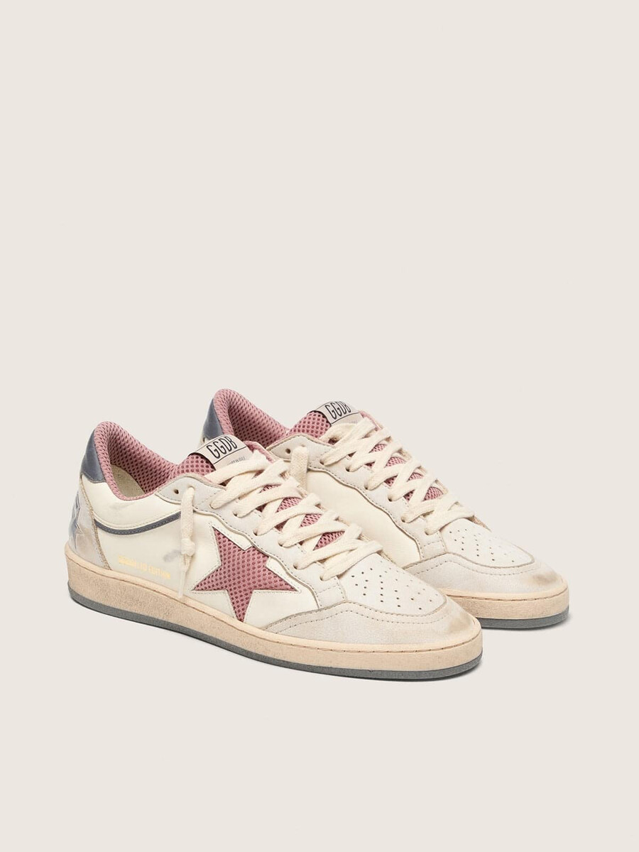 dames ball star ltd in beige leer met roze mesh ster en blauwe leren hielband.