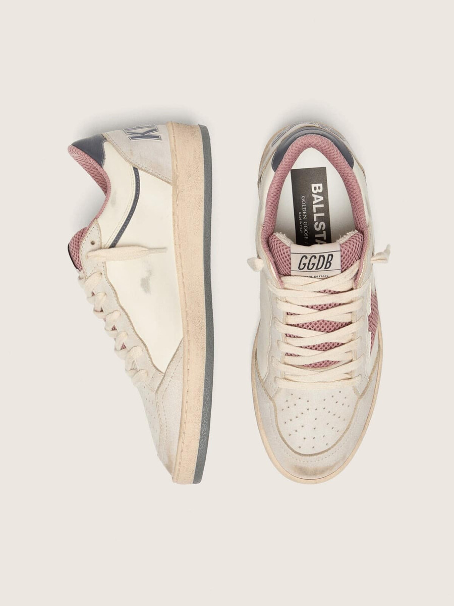 dames ball star ltd in beige leer met roze mesh ster en blauwe leren hielband.