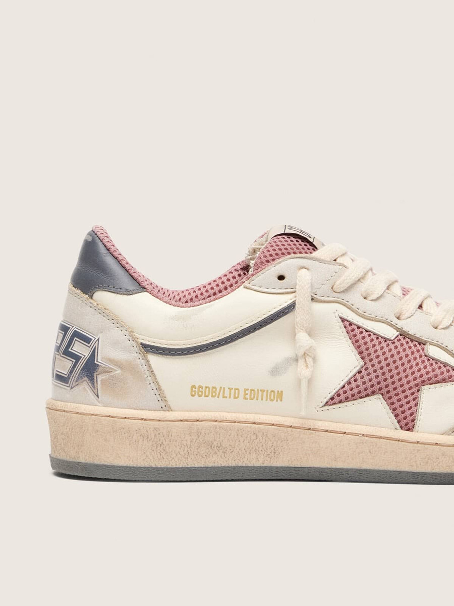 dames ball star ltd in beige leer met roze mesh ster en blauwe leren hielband.