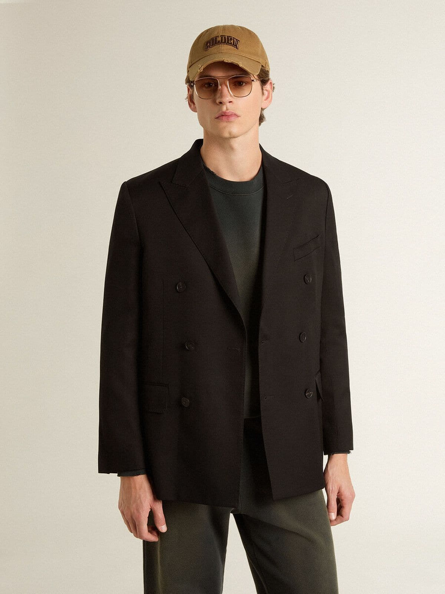 zwarte double-breasted herenblazer met knoopsluiting