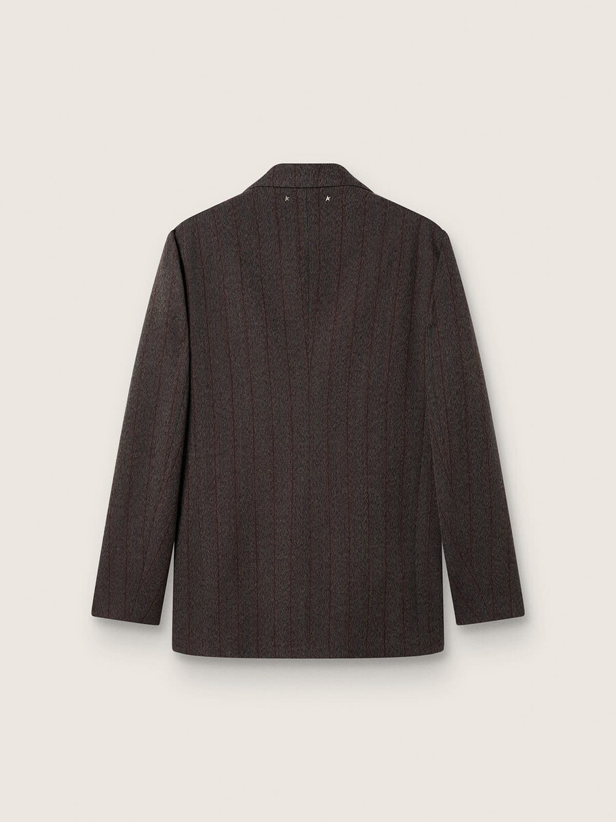 enkelvoudige herenblazer van donkerbruine wol met een fijn streepmotief.