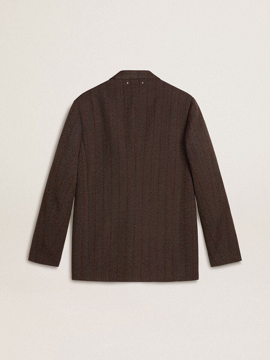 enkelvoudige herenblazer van donkerbruine wol met een fijn streepmotief.
