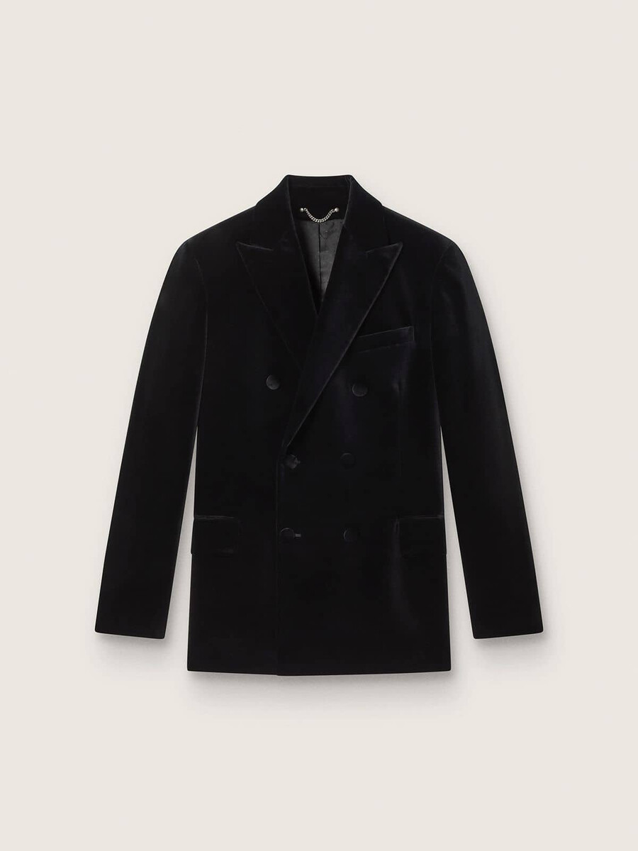dubbelknoops herenblazer van zwart fluweel met zwarte satijnen revers.