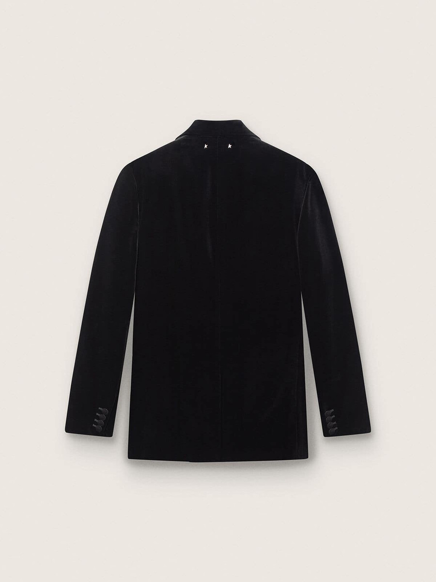dubbelknoops herenblazer van zwart fluweel met zwarte satijnen revers.