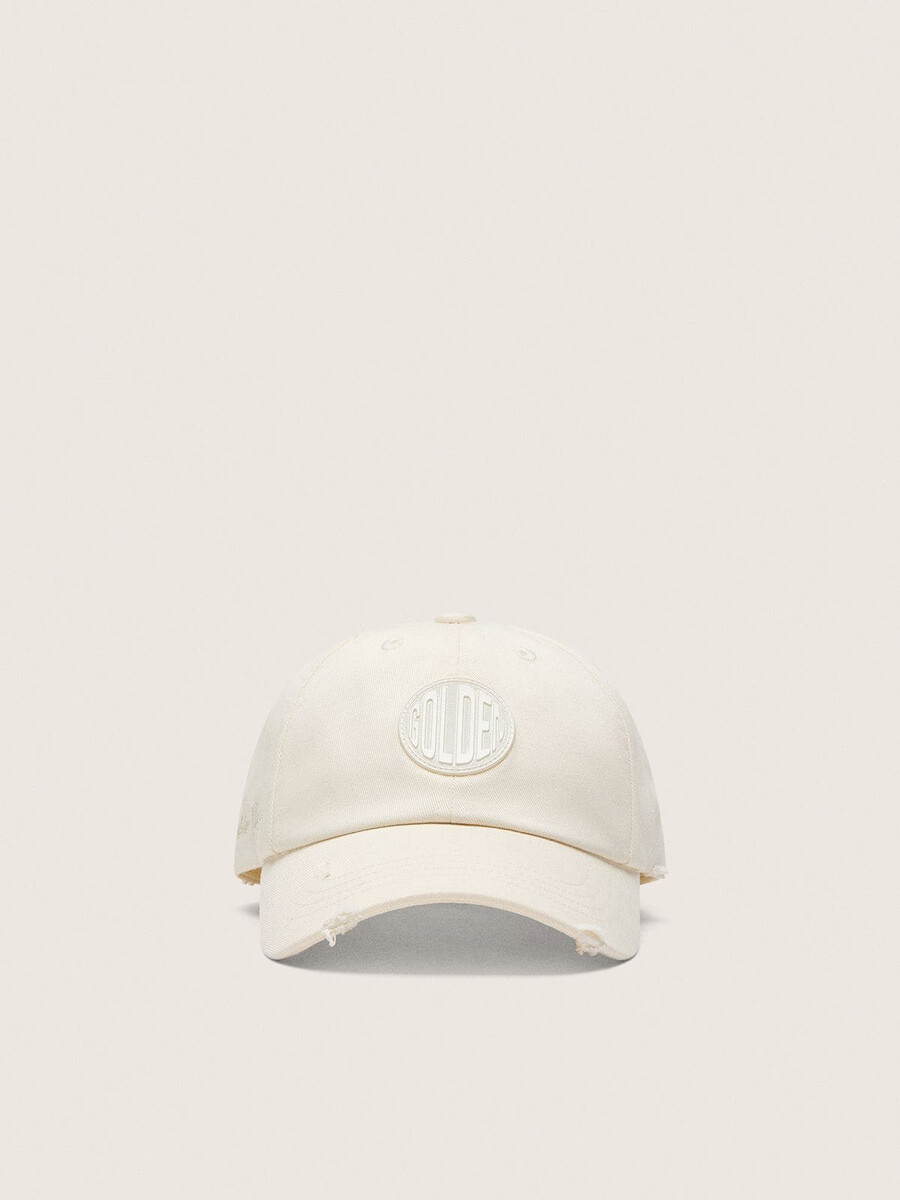 journey baseballpet van witte katoenen twill met patch en golden goose-borduurwerk.