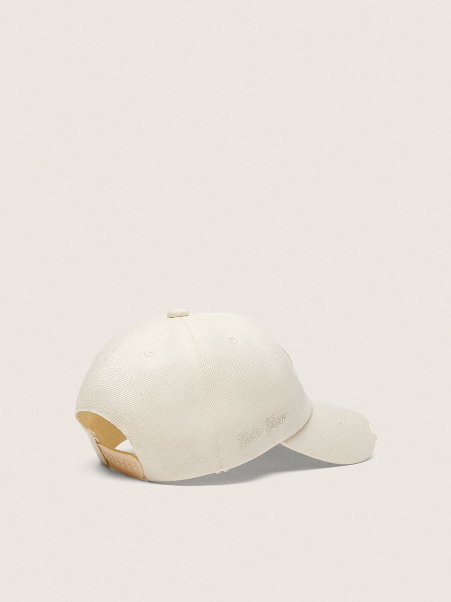journey baseballpet van witte katoenen twill met patch en golden goose-borduurwerk.