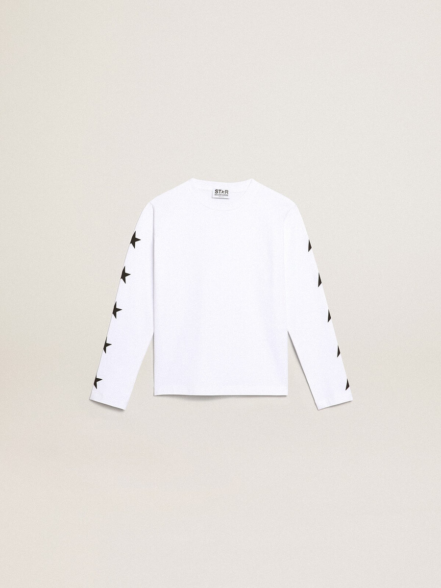 wit t-shirt met lange mouwen en contrasterende zwarte sterren.