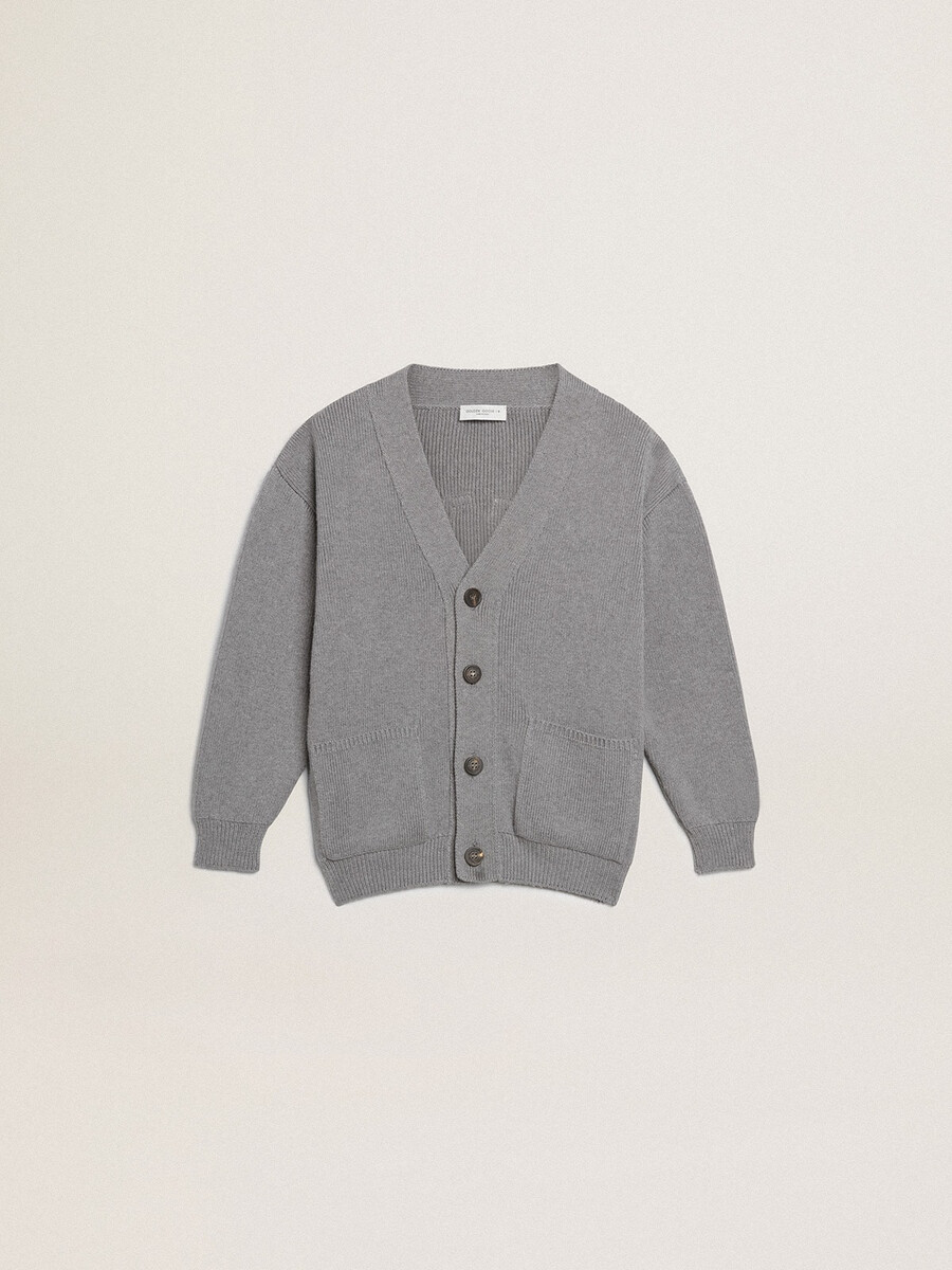 grijze katoenen cardigan met logo op de achterkant.