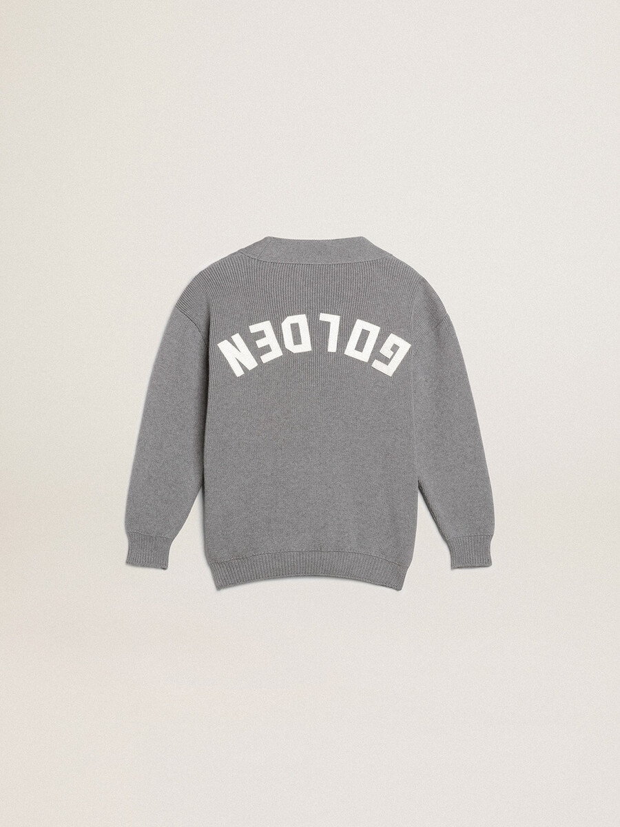grijze katoenen cardigan met logo op de achterkant.
