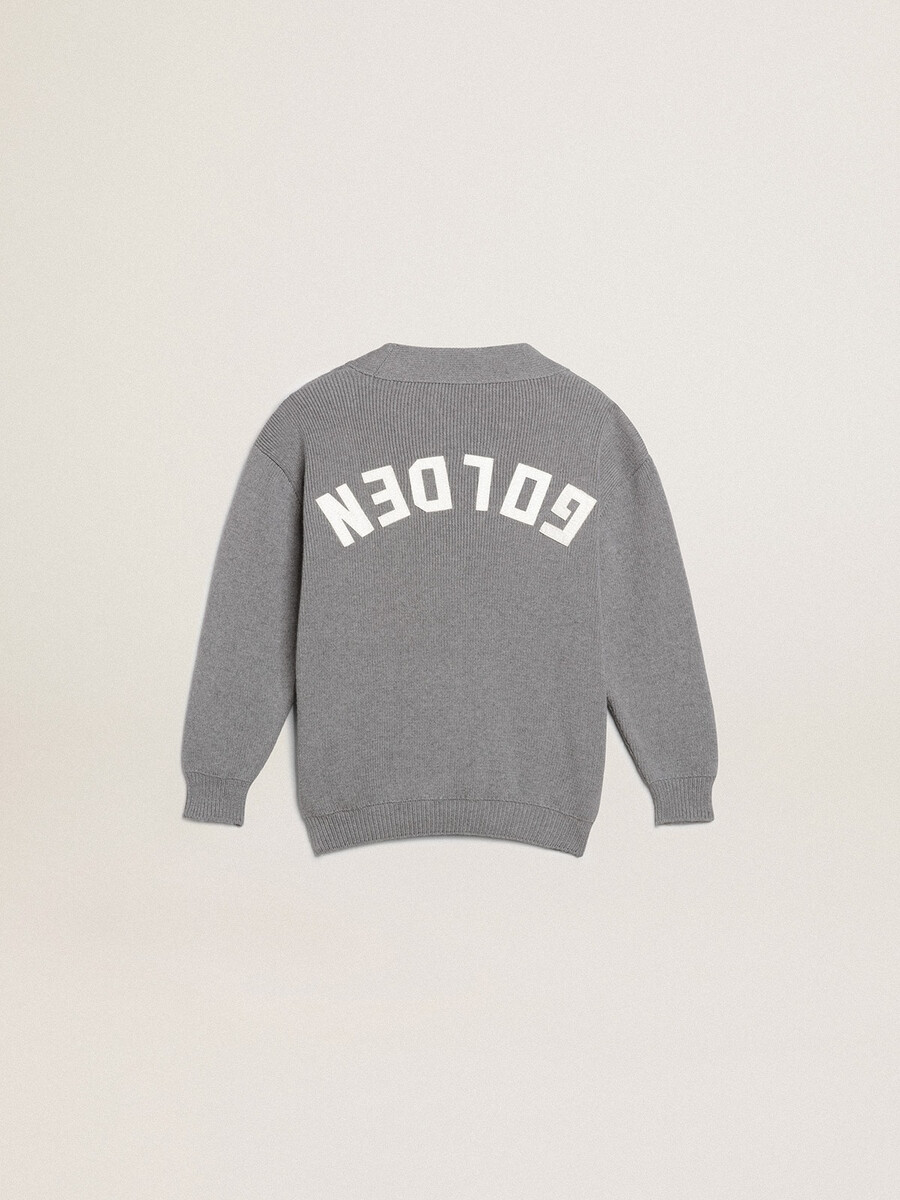 grijze katoenen cardigan met logo op de achterkant.