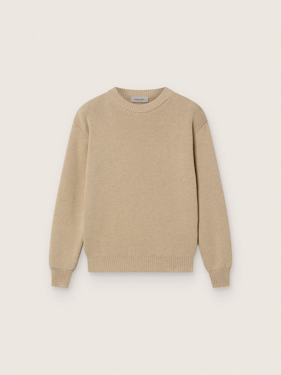 unisex goudbeige ribgebreide trui voor kinderen met logo op de achterkant