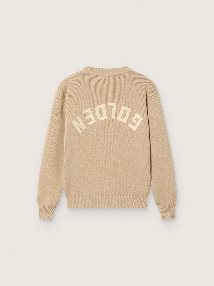 unisex goudbeige ribgebreide trui voor kinderen met logo op de achterkant