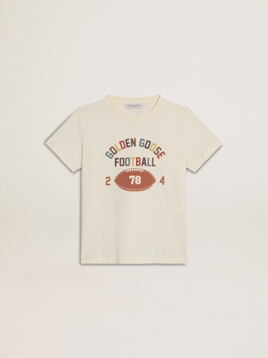t-shirt voor jongens in versleten wit met veelkleurige letters.