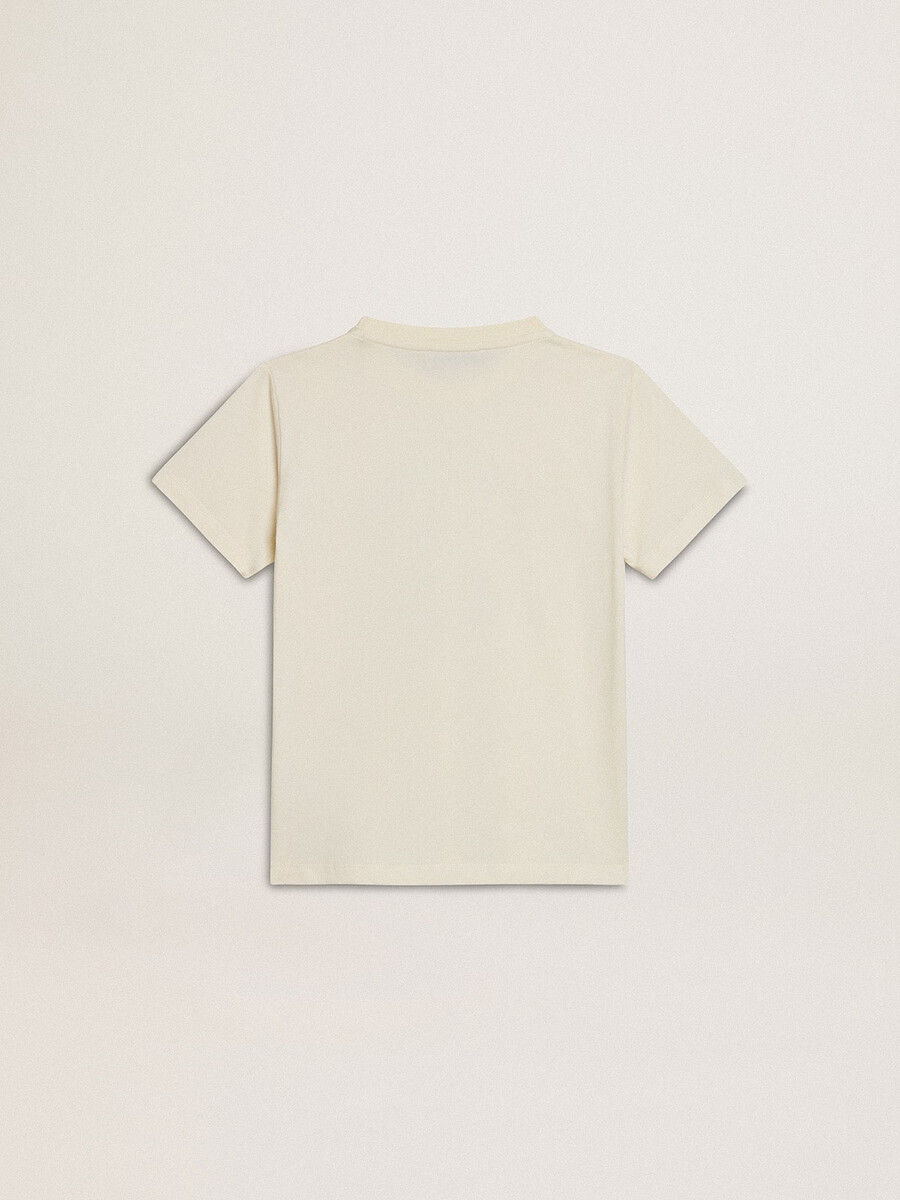 t-shirt voor jongens in versleten wit met veelkleurige letters.