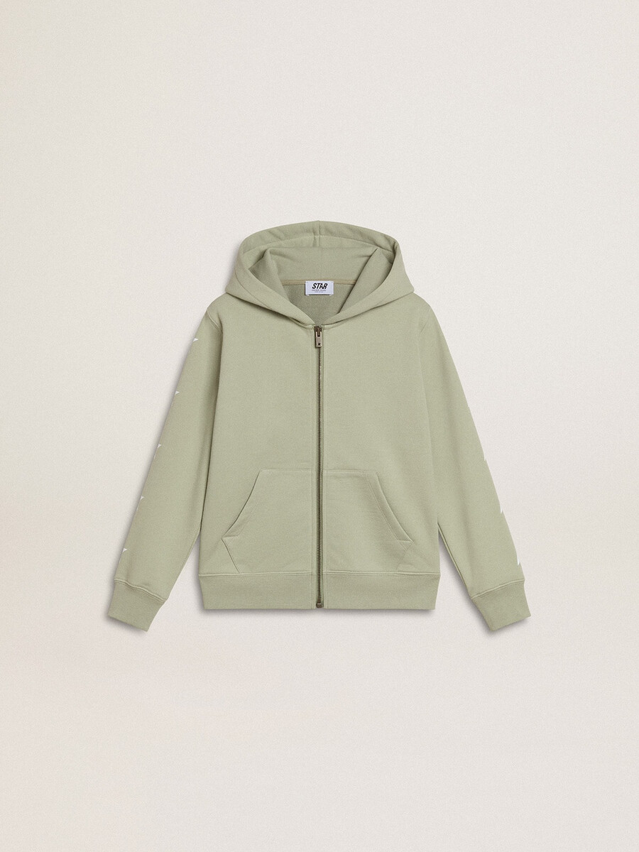 lichtgroene sweater met ritssluiting.