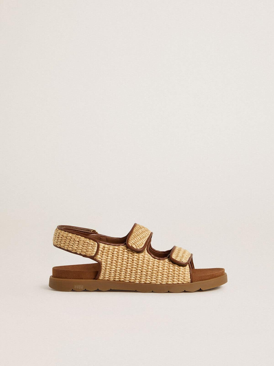noa young sandalen van beige raffia en bruin leer.