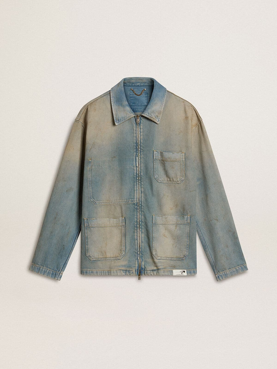 heren denimjack met verwassen look en ritssluiting