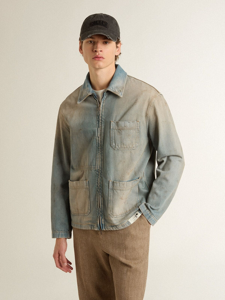heren denimjack met verwassen look en ritssluiting