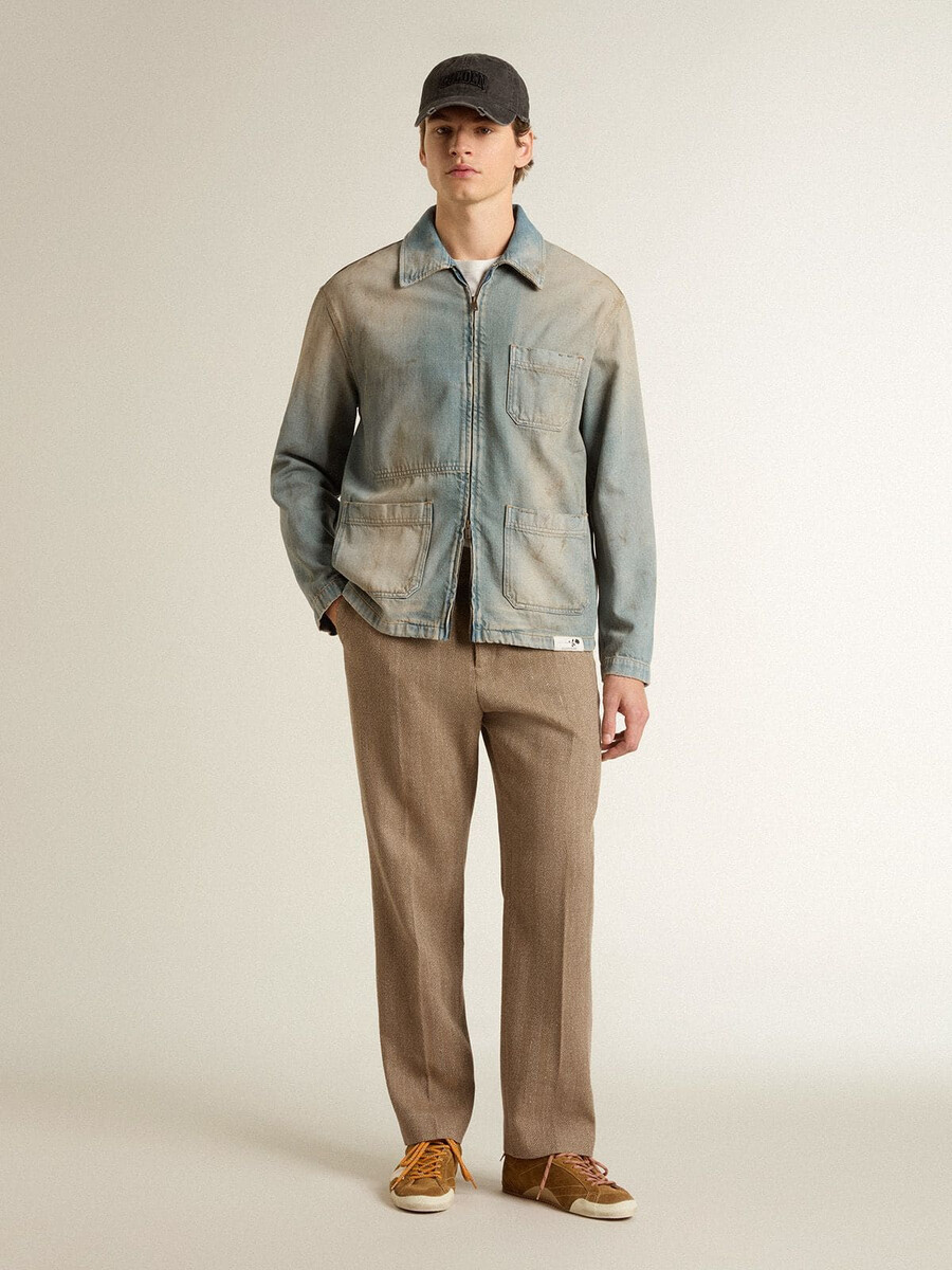 heren denimjack met verwassen look en ritssluiting