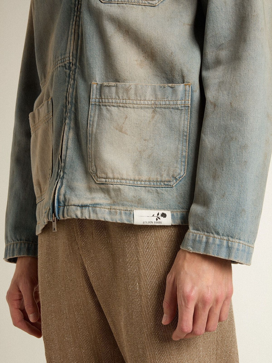 heren denimjack met verwassen look en ritssluiting