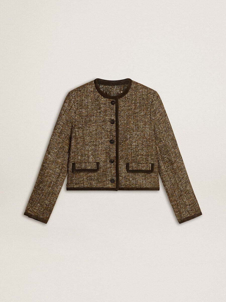 damesjasje journey van wollen tweed met koffiekleurige suède details.
