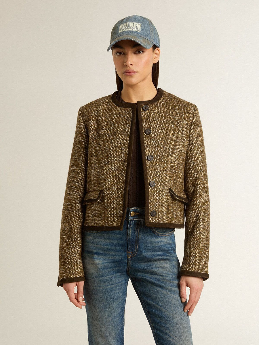 damesjasje journey van wollen tweed met koffiekleurige suède details.