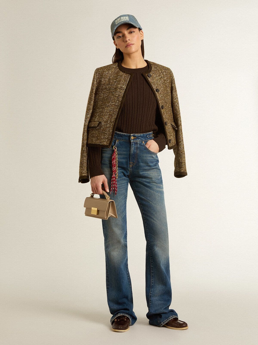 damesjasje journey van wollen tweed met koffiekleurige suède details.