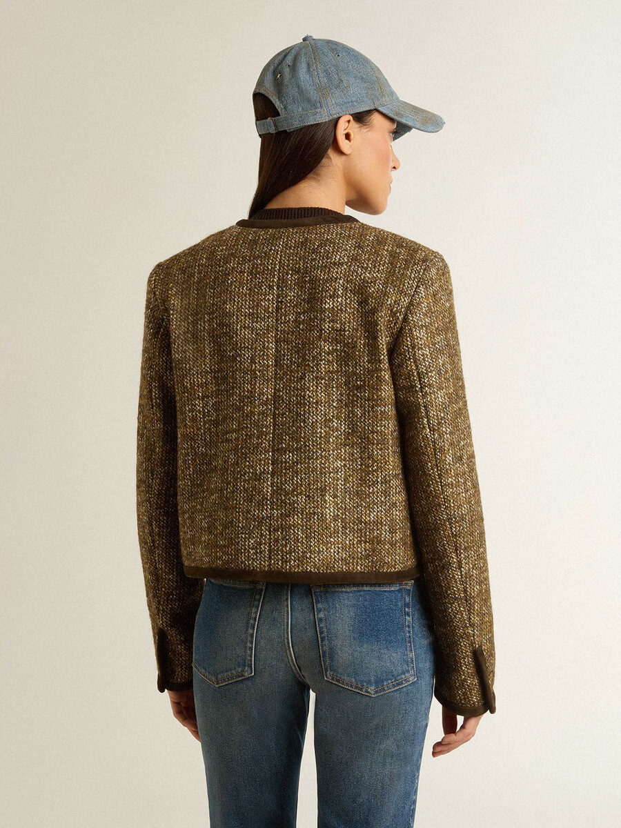 damesjasje journey van wollen tweed met koffiekleurige suède details.