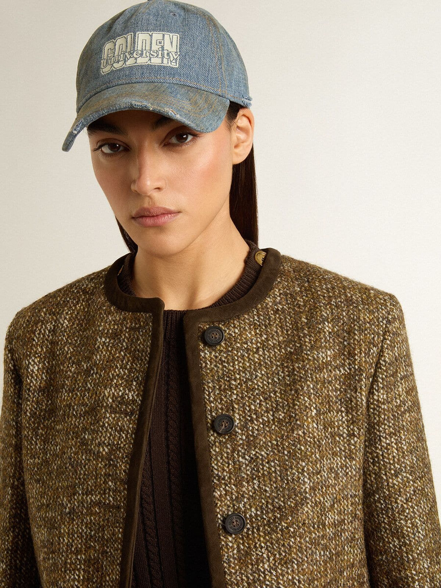 damesjasje journey van wollen tweed met koffiekleurige suède details.