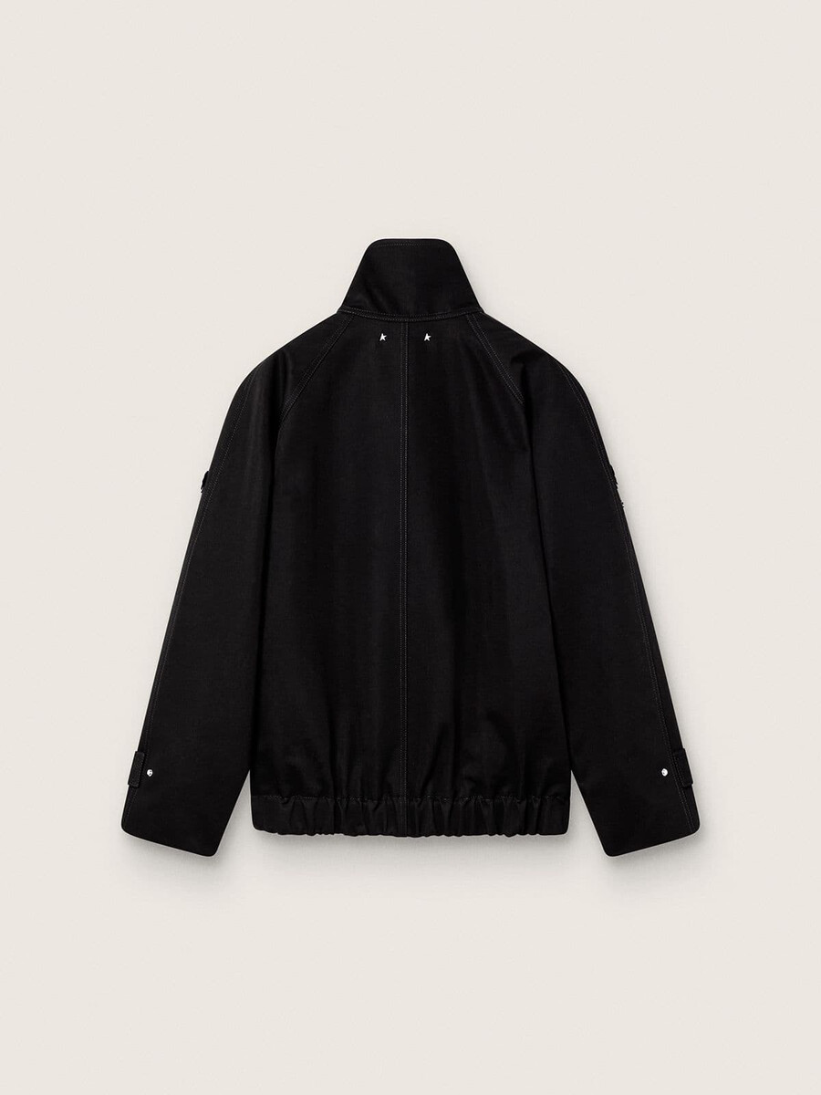 oversized damesjas van zwarte katoenen twill met geborduurde bloemen en pailletten.