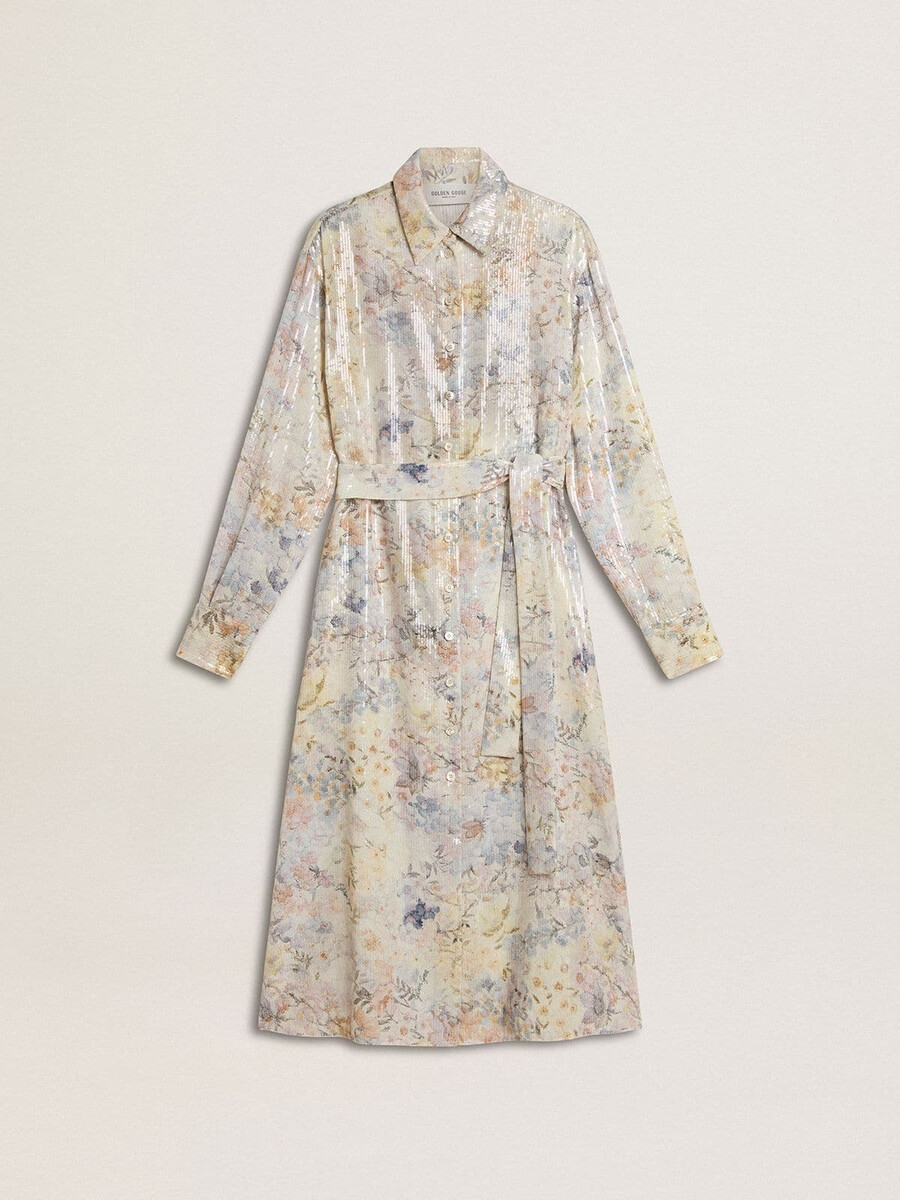 damesjurk met overhemdkraag en veelkleurige paillettenbloemenprint