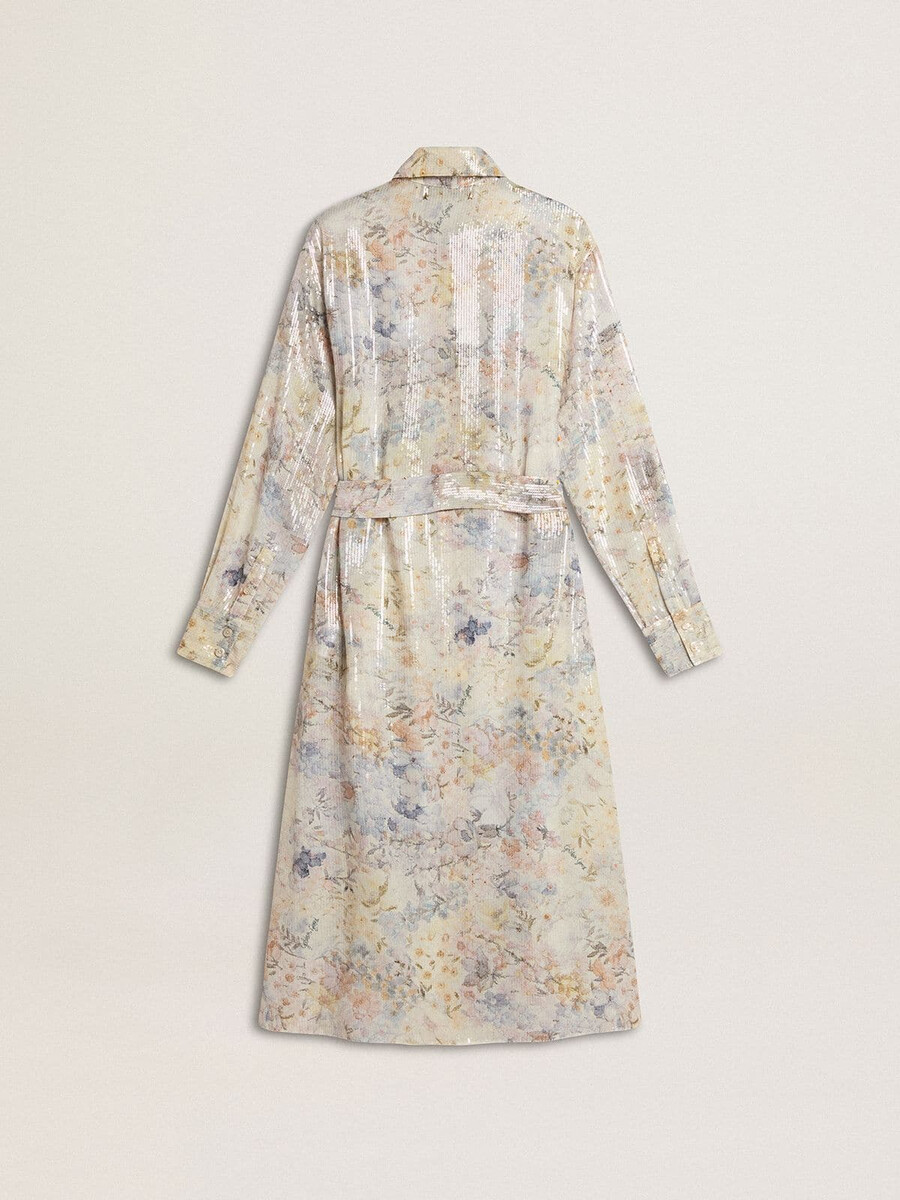 damesjurk met overhemdkraag en veelkleurige paillettenbloemenprint