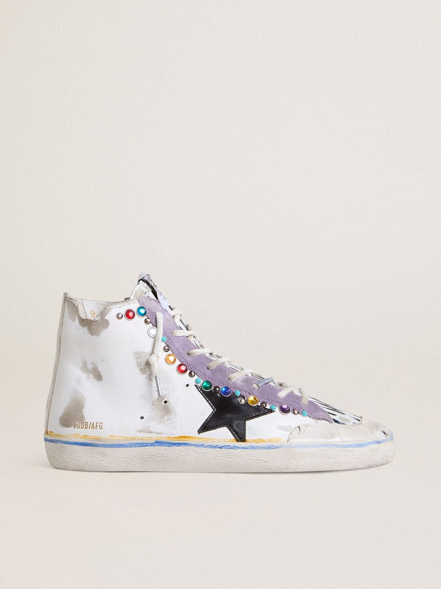 francy penstar lab herensandaal met zwarte leren ster en veelkleurige studs.