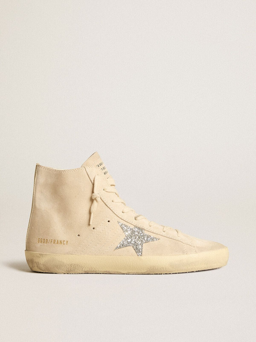 damesschoen francy in beige suède met zilveren glitterster.