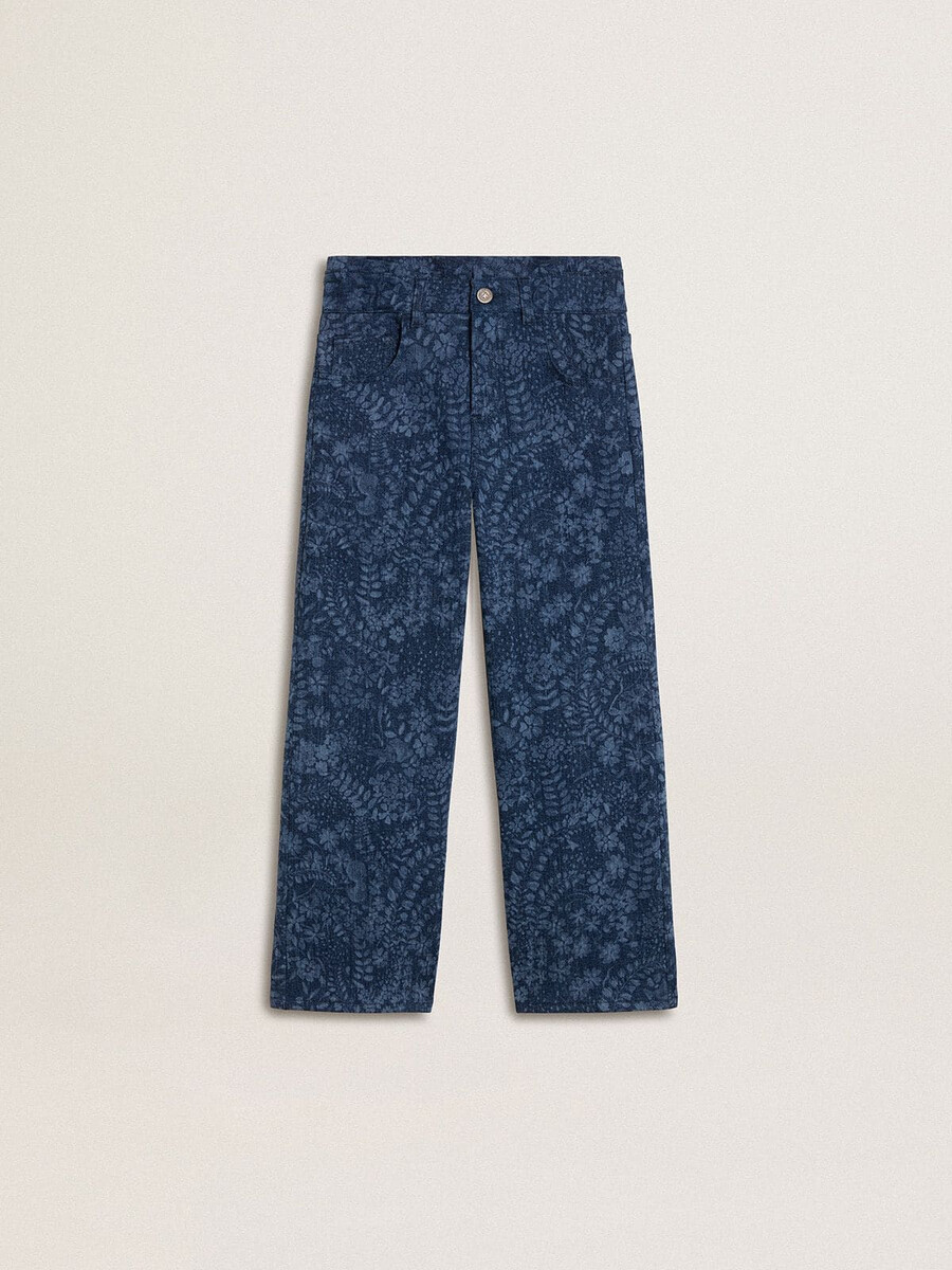 meisjesjeans met wijde pijpen medium wassing en print.