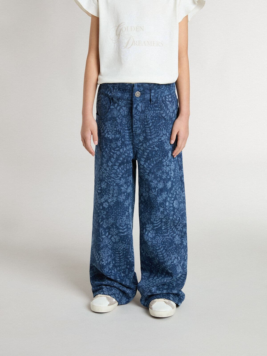 meisjesjeans met wijde pijpen medium wassing en print.