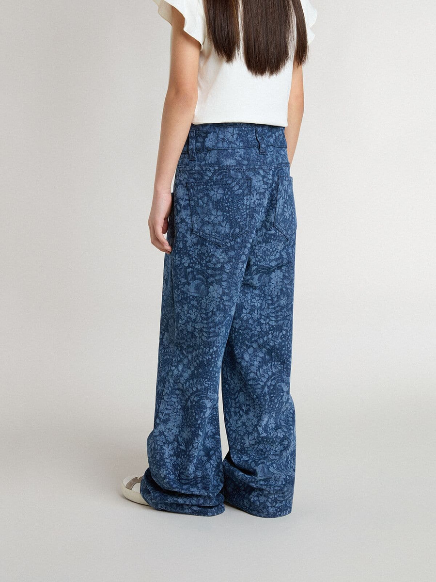 meisjesjeans met wijde pijpen medium wassing en print.